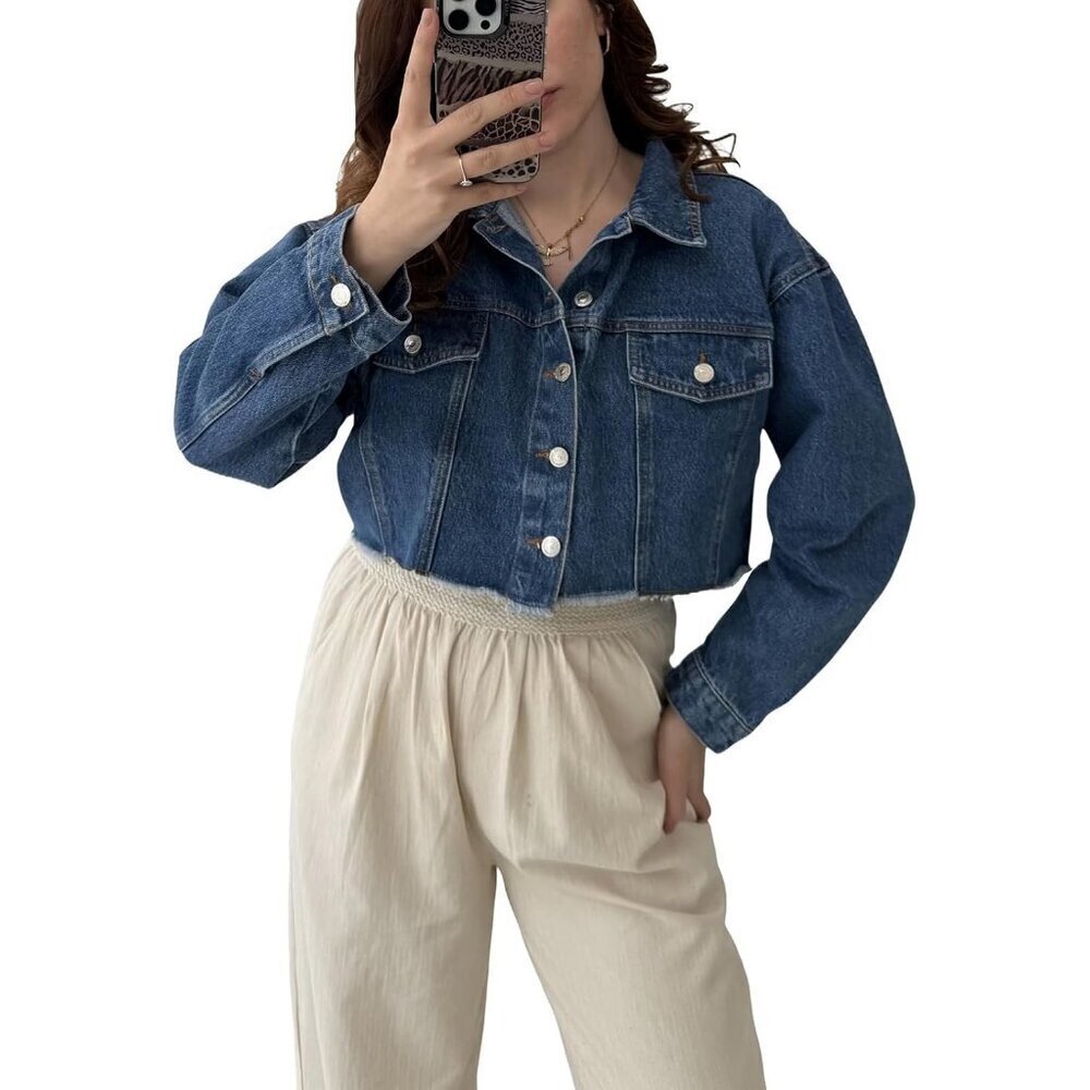Women's Crop Jean Denim Jackets Button Down Long Sleeve Jacket Coat Blue-c